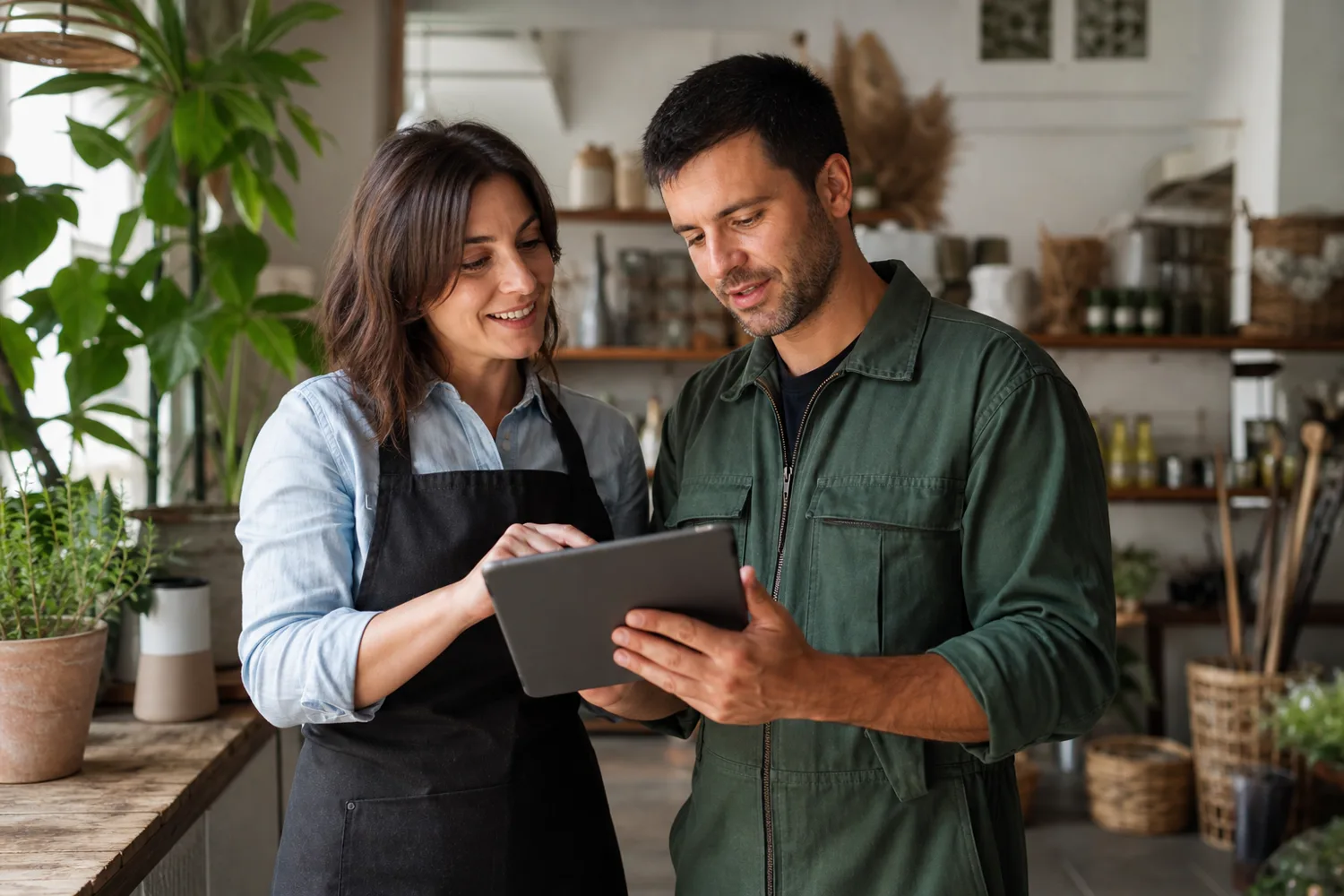 A customer and worker discussing the details of a project