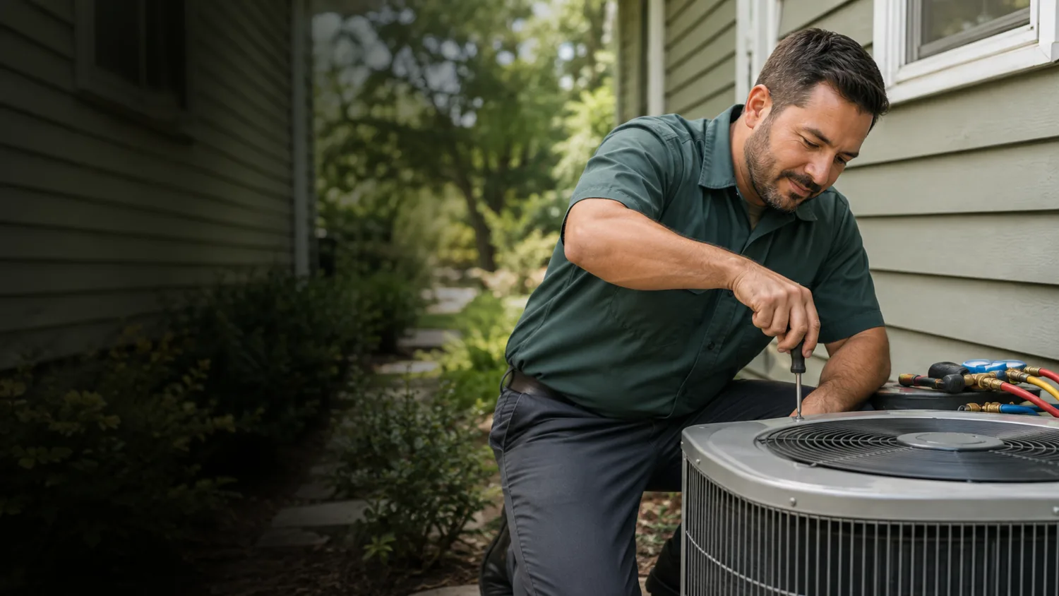 An HVAC technician servicing an outdoor air conditioner