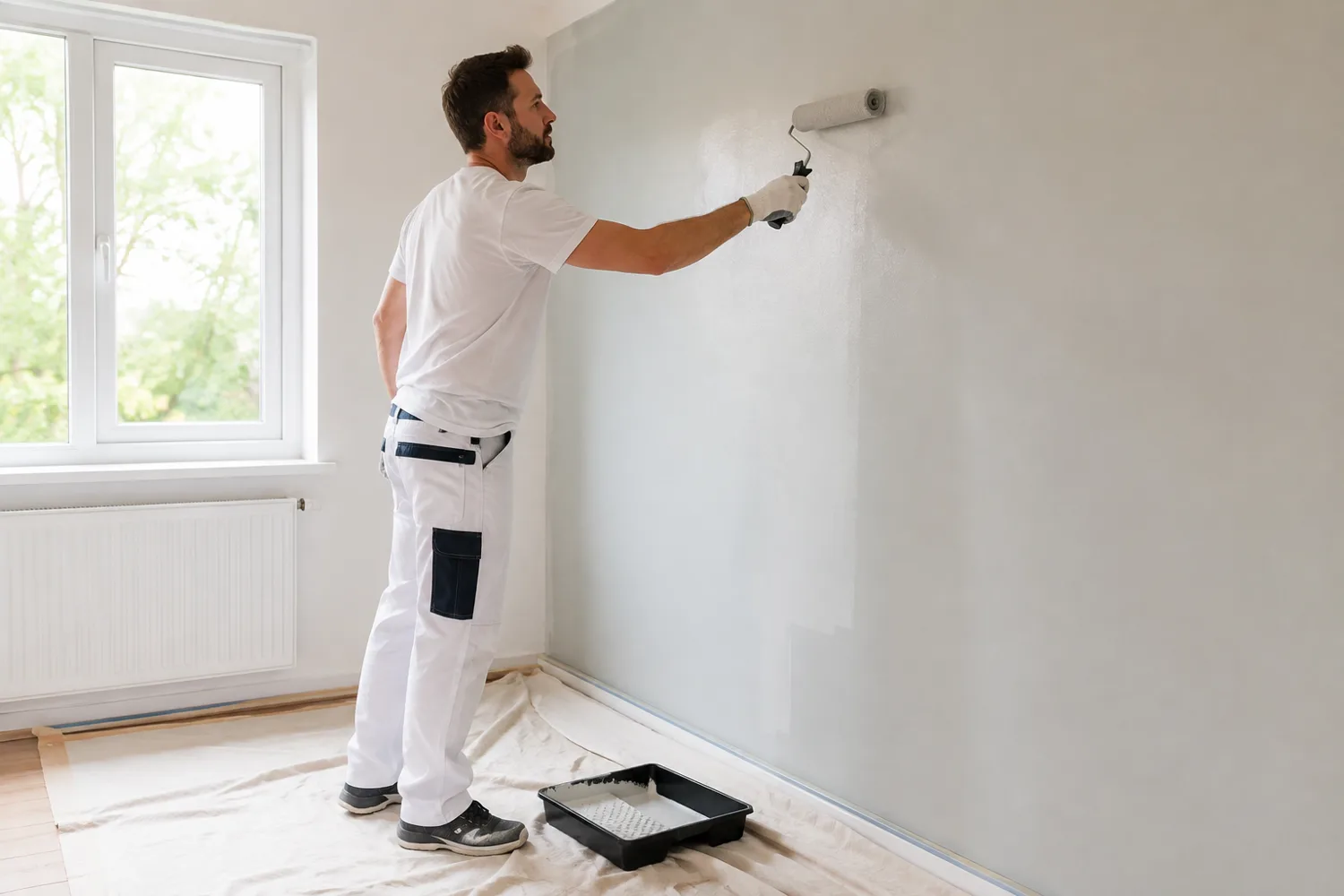 A professional at work on painting & drywall