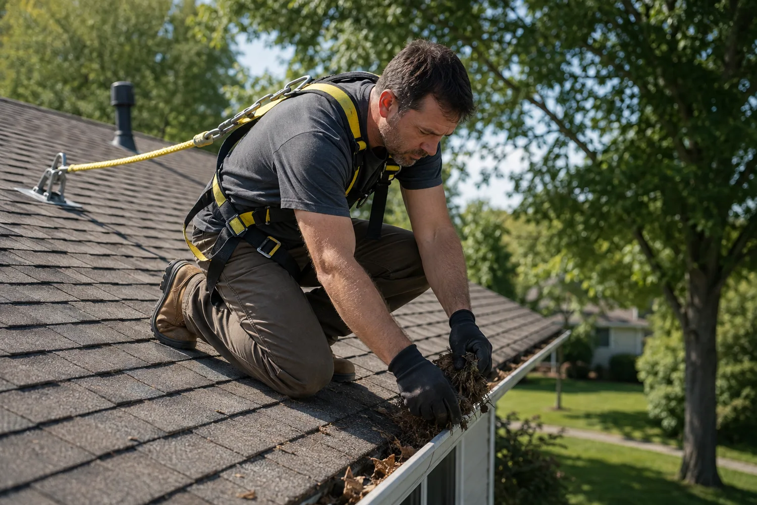A professional at work on roofing & gutters