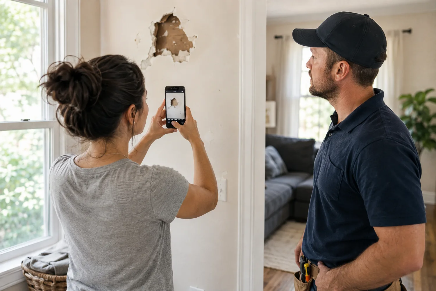 A homeowner photographing drywall damage to explain a repair